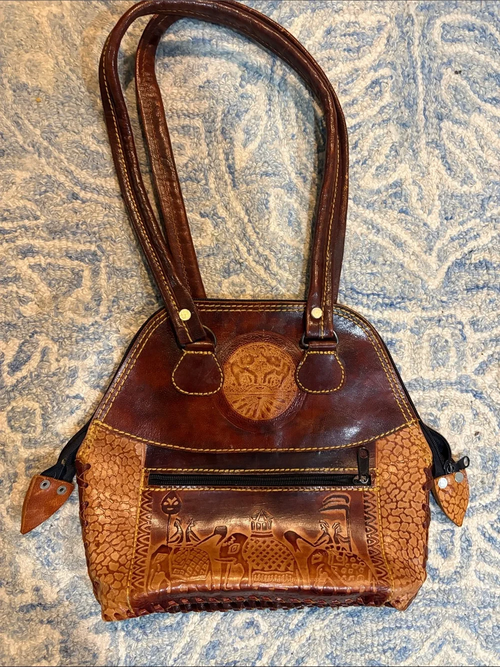 Hand-Tooled Brown Leather Shoulder Bag